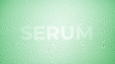 Serum word blown off the wet glass on green background