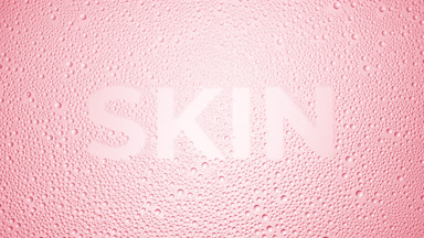 Skin word blown off the wet glass on pink background