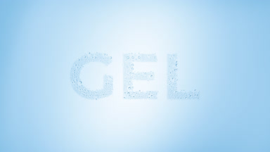 Gel text blown off the wet glass on blue background