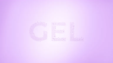 Gel text blown off the wet glass on violet background