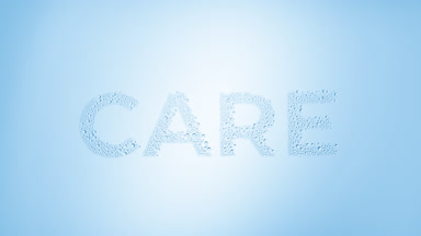 Care word blown off the wet glass on blue background