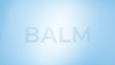 Balm writing blown off the wet glass on blue background