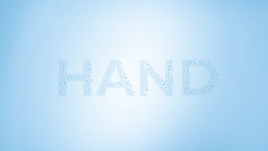 Hand word blown off the wet glass on blue background