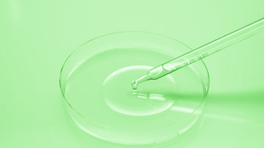 Green clear fluid is dripping from long dropper into Petri dish