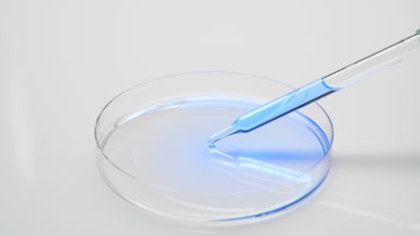 Long dropper drips cyan fluid in Petri dish and takes it back
