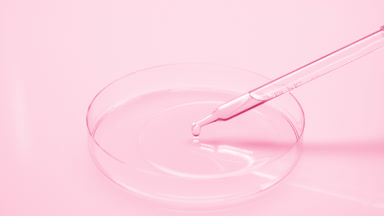 Long dropper drips rose water into Petri dish on pink background
