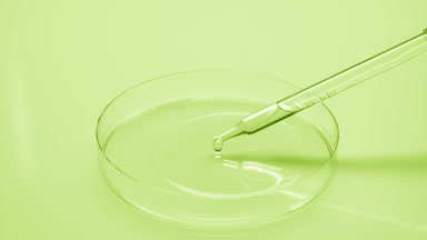 Dropper drips aloe extract into Petri dish on green background