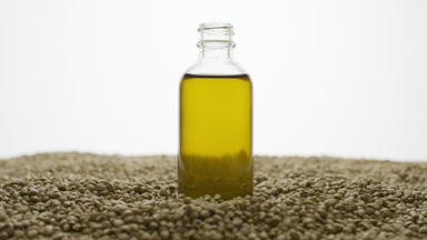 Reagent bottle with cannabidiol on hemp seeds on grey background