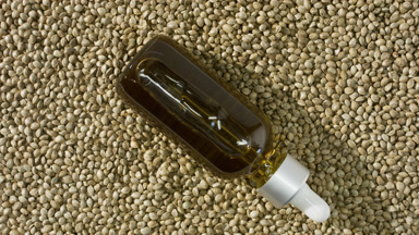 Hemp oil in reagent bottle with dropper on hemp seeds background