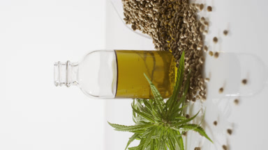 Vertical of scoop with hemp seeds, oil bottle and hemp sprig