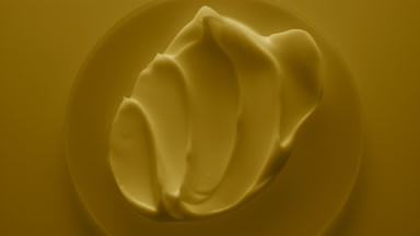 Crane shot of yellow cosmetic cream on glass round in the shadow