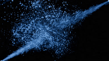 Cyan bubbles injected in water from corners on black background