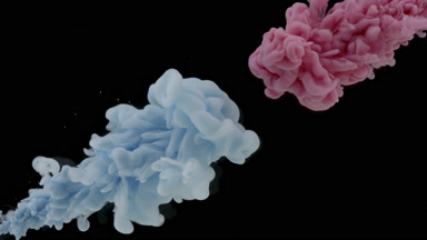 Blue and pink inks being injected in water from corners mixing