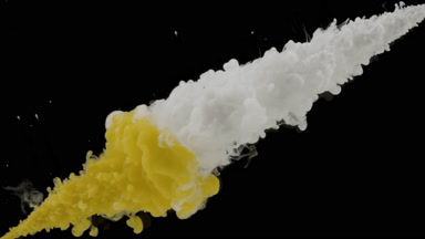Yellow and white inks injected in water from corners mixing