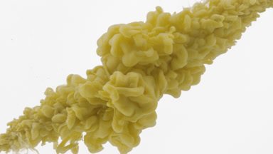 Yellow ink is injected in water from corners on white background
