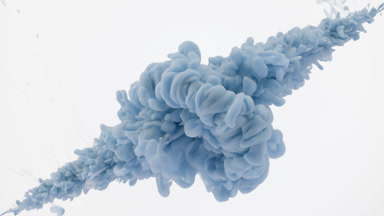 Blue ink is injected in water from corners on white background