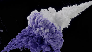 Violet and white inks are injected in water on black background