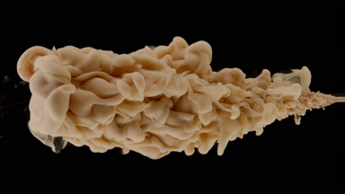 Macro of beige ink being injected in water on black background