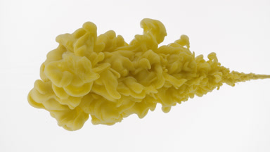 Macro of yellow ink being injected in water on white background