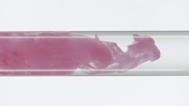 Pink ink filling glass test tube with water on white background