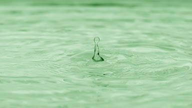 Drops fall on water surface creating rings on green background