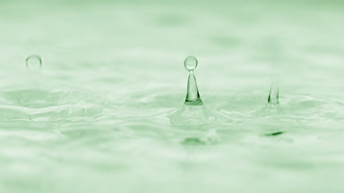 Water drops drip on water creating circles on green background