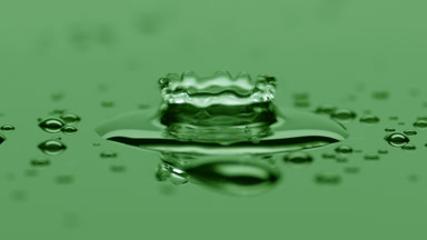 Small drop falls down on big one splashing on green background