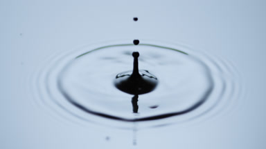 Drop falls down on black opaque liquid with light reflection