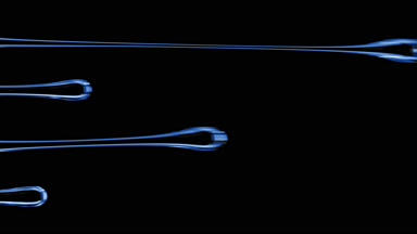 Four drops of blue transparent viscous fluid flowing for a while