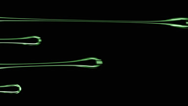 Four drops of green transparent viscous fluid flowing for a while