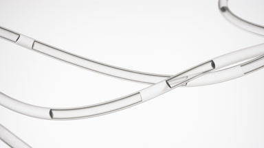 Lab connecting tubes with flowing liquid on grey background