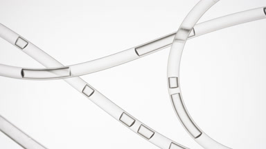 Grey liquid is flowing in connecting tubes on grey background