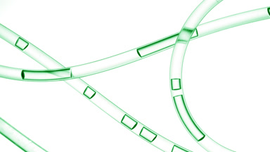 Green liquid is flowing in connecting tubes on white background