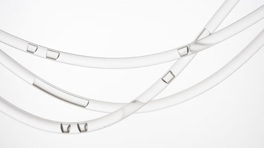 Grey fluid is flowing in connecting tubes on grey background