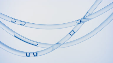 Blue fluid is flowing in connecting tubes on blue background