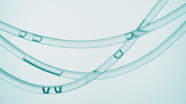 Cyan fluid is flowing in connecting tubes on cyan background