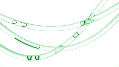 Green fluid is flowing in connecting tubes on white background