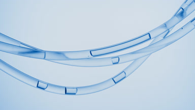 Blue liquid is flowing in three transparent lab connecting tubes