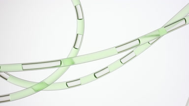 Green liquid is flowing in connecting tubes on grey background