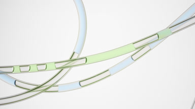 Green and blue liquids are flowing in lab connecting tubes