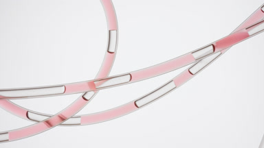 Pink liquid is flowing in connecting tubes on grey background