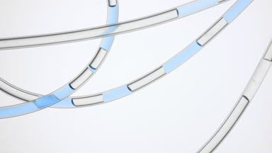 Grey and blue liquids are flowing in lab connecting tubes