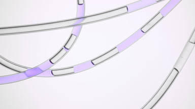 Grey and purple liquids are flowing in lab connecting tubes
