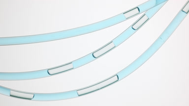 Cyan liquid is flowing in connecting tubes on grey background