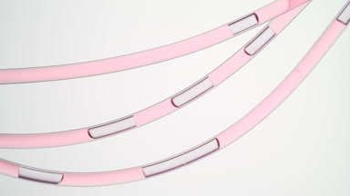 Pink liquid is flowing in connecting tubes on grey background