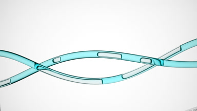 Cyan oil is flowing in two twisted lab connecting tubes
