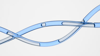 Blue oil flowing in twisted connecting tubes on grey background