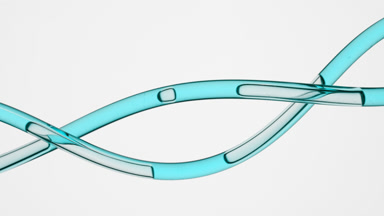Cyan oil flowing in twisted connecting tubes on grey background