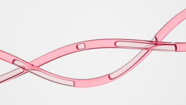 Pink oil flowing in twisted connecting tubes on grey background