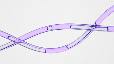 Purple oil flows in twisted connecting tubes on grey background